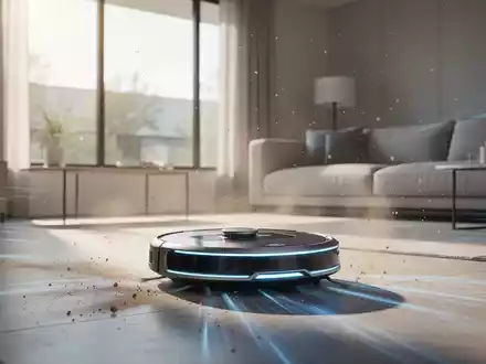 Ein moderner Saugroboter reinigt ein minimalistisches Wohnzimmer, symbolisiert technologische Ordnung und Effizienz im Haushalt. - Foto: über boerse-global.de