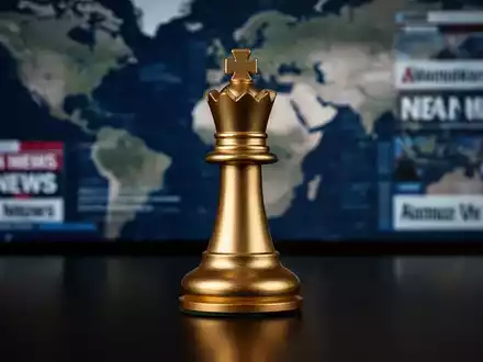 Ein goldenes Schachstück steht auf einer dunklen Oberfläche, im Hintergrund verschwommen eine geopolitische Karte. - Foto: über boerse-global.de