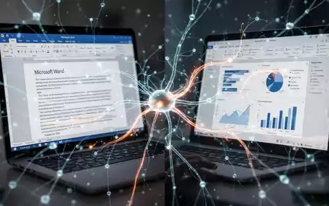 A glowing neural network connects a Microsoft Word document and a PowerPoint presentation, symbolizing AI-powered document creation. - Foto: über boerse-global.de