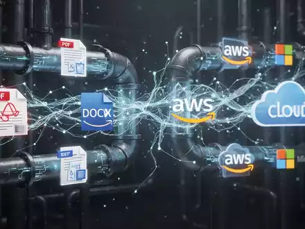 Digital pipes transforming documents into structured data, with glowing lines connecting to abstract AWS and Microsoft cloud logos. - Foto: über boerse-global.de