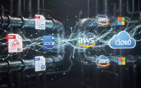 Digital pipes transforming documents into structured data, with glowing lines connecting to abstract AWS and Microsoft cloud logos. - Foto: über boerse-global.de