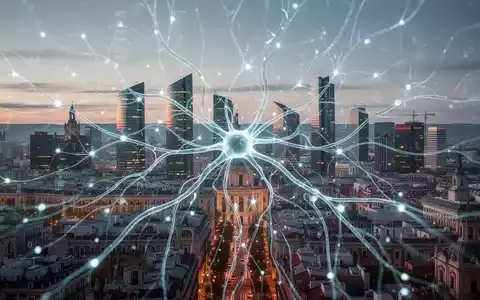 A futuristic neural network overlays a modern Madrid skyline, symbolizing AI expansion and technological integration in Spain. - Foto: über boerse-global.de