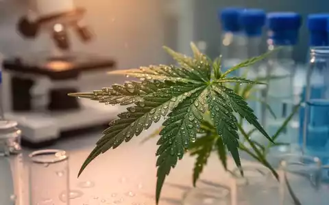 Nahaufnahme eines Cannabisblattes mit Tautropfen, sanft beleuchtet in einer Laborumgebung, mit verschwommener wissenschaftlicher Ausrüstung im Hintergrund. - Foto: über boerse-global.de