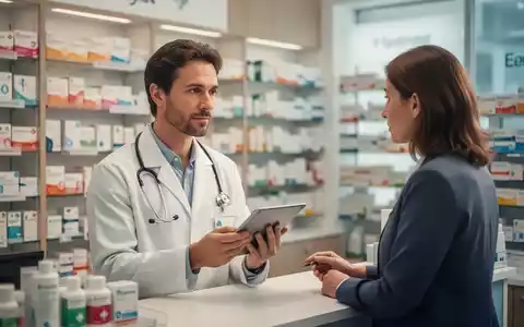 Ein Apotheker berät einen Patienten in einer modernen Apotheke, im Hintergrund unscharfe Regale mit Medikamenten. - Foto: über boerse-global.de