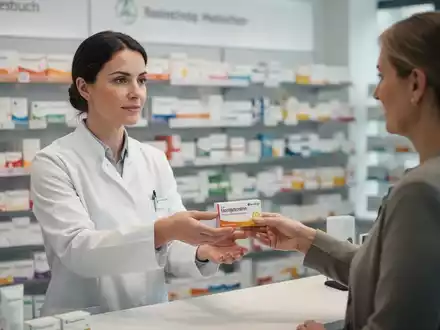 Ein Apotheker in einer modernen deutschen Apotheke reicht einem Patienten ein Medikament. Fokus auf die Interaktion. - Foto: über boerse-global.de