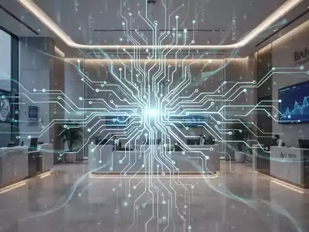 An abstract image showing a glowing neural network pattern superimposed over a modern bank interior, symbolizing AI in banking. - Foto: über boerse-global.de