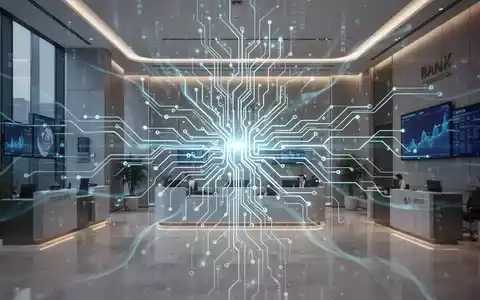 An abstract image showing a glowing neural network pattern superimposed over a modern bank interior, symbolizing AI in banking. - Foto: über boerse-global.de