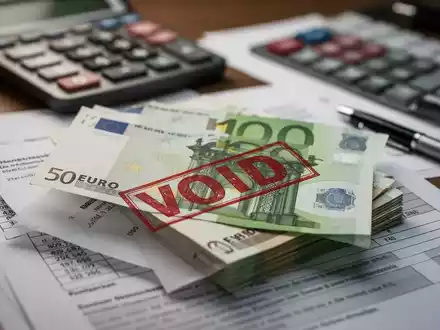 Nahaufnahme von Euro-Banknoten, teilweise verdeckt von einem Dokument mit rotem 'VOID'-Stempel, im Hintergrund ein Taschenrechner. - Foto: über boerse-global.de