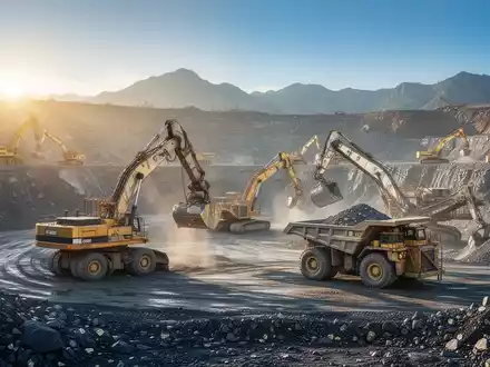 Ein großes Tagebauprojekt bei Sonnenaufgang, mit schweren Maschinen, die aktiv arbeiten, und einer bergigen Landschaft im Hintergrund. - Foto: über boerse-global.de