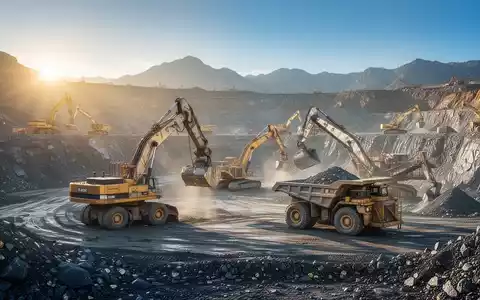 Ein großes Tagebauprojekt bei Sonnenaufgang, mit schweren Maschinen, die aktiv arbeiten, und einer bergigen Landschaft im Hintergrund. - Foto: über boerse-global.de
