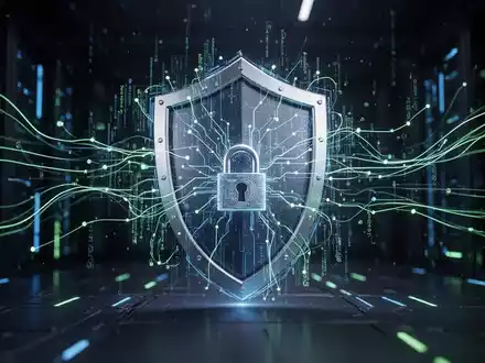 A glowing blue and green digital shield icon, symbolizing cybersecurity, with data streams flowing around it in a dark, high-tech setting. - Foto: über boerse-global.de