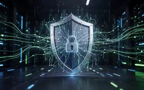 A glowing blue and green digital shield icon, symbolizing cybersecurity, with data streams flowing around it in a dark, high-tech setting. - Foto: über boerse-global.de