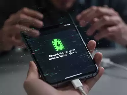 Nahaufnahme eines Smartphones mit Fehlermeldung auf dem Bildschirm und niedrigem Akkuladestand, der Frustration symbolisiert. - Foto: über boerse-global.de