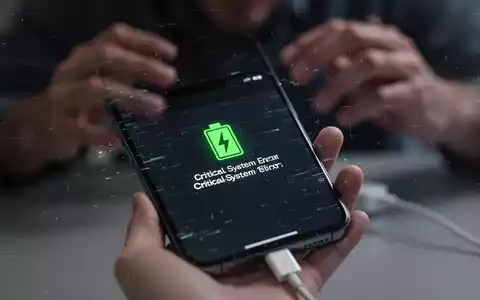 Nahaufnahme eines Smartphones mit Fehlermeldung auf dem Bildschirm und niedrigem Akkuladestand, der Frustration symbolisiert. - Foto: über boerse-global.de