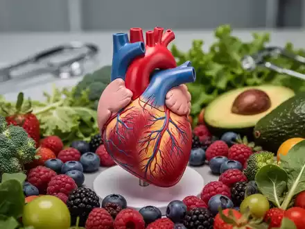Ein detailliertes Modell eines menschlichen Herzens umgeben von frischem Obst und Gemüse, mit verschwommenen medizinischen Instrumenten im Hintergrund. - Foto: über boerse-global.de