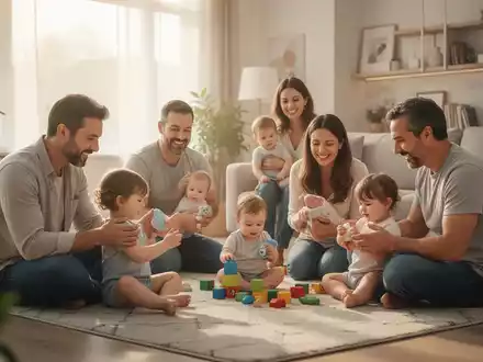 Ein Vater spielt mit seinem Kleinkind im Wohnzimmer, im Hintergrund eine Mutter, die lächelnd zusieht. Fokus auf familiäre Gleichstellung. - Foto: über boerse-global.de