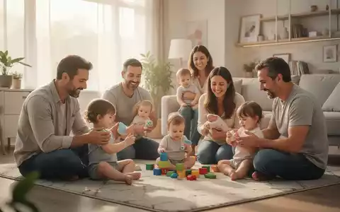 Ein Vater spielt mit seinem Kleinkind im Wohnzimmer, im Hintergrund eine Mutter, die lächelnd zusieht. Fokus auf familiäre Gleichstellung. - Foto: über boerse-global.de