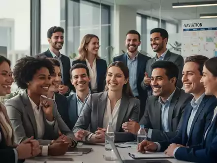 Eine vielfältige Gruppe von Fachkräften in einem modernen Büro, die sich entspannt unterhalten, mit subtilen Hinweisen auf Urlaub im Hintergrund. - Foto: über boerse-global.de