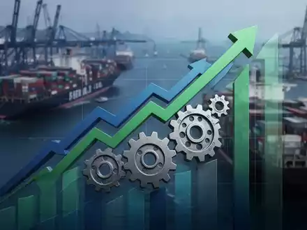 Grafische Darstellung von Finanzwachstum und Restrukturierung mit Pfeilen und Zahnrädern vor einem modernen Hafen mit Containerschiffen. - Foto: über boerse-global.de