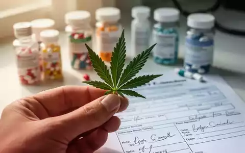 Eine Hand hält ein grünes Cannabisblatt, im Hintergrund verschwommene Medikamentenflaschen und ein Rezeptblock. - Foto: über boerse-global.de