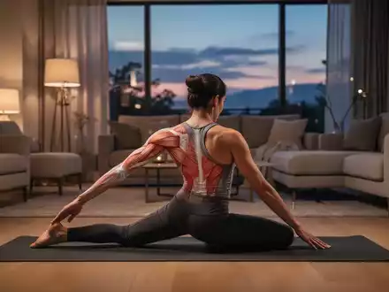 Eine Person macht abends auf einer Yogamatte in einem sanft beleuchteten Wohnzimmer Dehnübungen für den Rücken. - Foto: über boerse-global.de