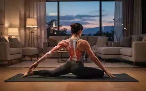 Eine Person macht abends auf einer Yogamatte in einem sanft beleuchteten Wohnzimmer Dehnübungen für den Rücken. - Foto: über boerse-global.de