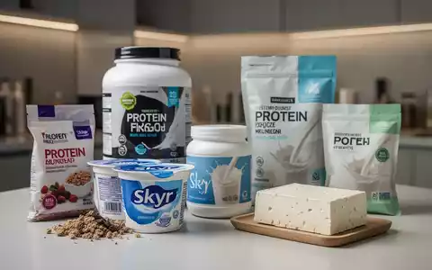 Eine Nahaufnahme von verschiedenen proteinreichen Lebensmitteln und Nahrungsergänzungsmitteln, darunter Proteinpulver, Skyr und Tofu. - Foto: über boerse-global.de