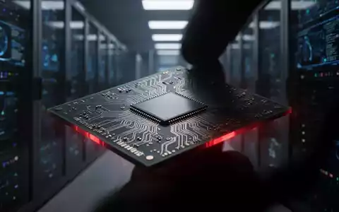 Nahaufnahme eines Mikrochips, der teilweise von einem dunklen Schatten verdeckt wird, mit einem schwachen roten Leuchten. - Foto: über boerse-global.de