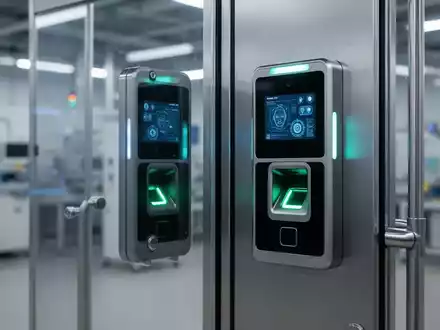 Nahaufnahme eines modernen biometrischen Zutrittskontrollsystems, das in eine sichere Industrietür integriert ist. - Foto: über boerse-global.de