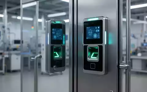 Nahaufnahme eines modernen biometrischen Zutrittskontrollsystems, das in eine sichere Industrietür integriert ist. - Foto: über boerse-global.de