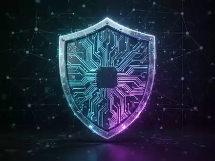 Eine stilisierte, leuchtende Leiterplatte, die einen Schutzschild bildet, überlagert von einem digitalen Netzwerkraster. Repräsentiert Cybersicherheit und Unternehmenskooperationen. - Foto: über boerse-global.de