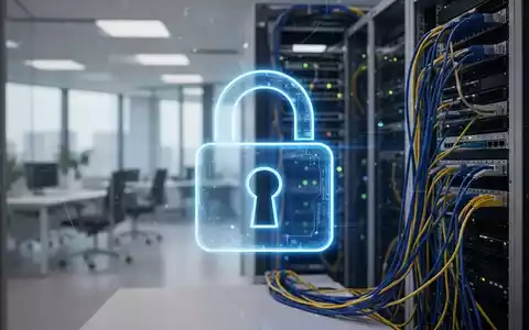 Ein stilisiertes, blau leuchtendes Vorhängeschloss-Symbol über einem modernen deutschen Büro, das Datensicherheit und KI-Integration darstellt. - Foto: über boerse-global.de