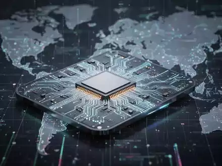 Nahaufnahme eines modernen Mikrochips mit einer stilisierten Karte Taiwans im unscharfen Hintergrund, die technologische Engpässe symbolisiert. - Foto: über boerse-global.de
