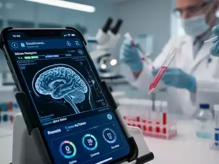 Ein Smartphone mit einer Gehirnscan-App und eine Person, die in einem Labor eine Speichelprobe analysiert. - Foto: über boerse-global.de