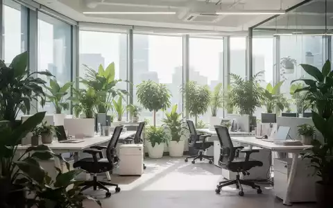 Ein modernes Büro mit großen Fenstern, viel Tageslicht, grünen Pflanzen und ergonomischen Möbeln, das eine gesunde Atmosphäre vermittelt. - Foto: über boerse-global.de