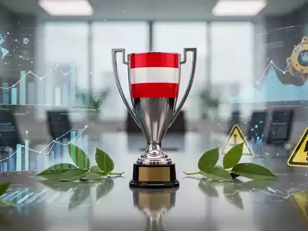 Eine stilisierte goldene Trophäe mit einem österreichischen Flaggenelement, umgeben von abstrakten Datenvisualisierungen und grünen Blättern. - Foto: über boerse-global.de