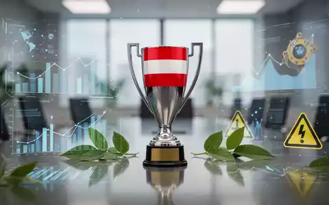 Eine stilisierte goldene Trophäe mit einem österreichischen Flaggenelement, umgeben von abstrakten Datenvisualisierungen und grünen Blättern. - Foto: über boerse-global.de