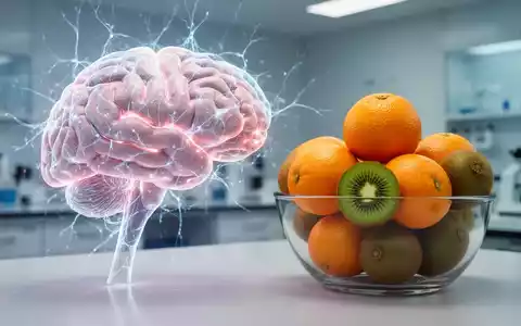 Eine Nahaufnahme eines stilisierten, leuchtenden Gehirnmodells neben einer Schale mit frischen Orangen und Kiwis. - Foto: ĂŒber boerse-global.de