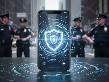 Ein Smartphone mit digitalen Sicherheitselementen und im Hintergrund angedeutete Polizeiarbeit und Stadtszene, symbolisiert Diebstahlschutz. - Foto: über boerse-global.de
