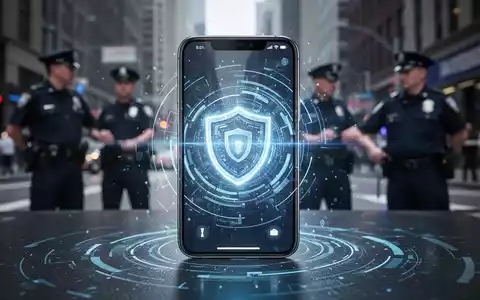 Ein Smartphone mit digitalen Sicherheitselementen und im Hintergrund angedeutete Polizeiarbeit und Stadtszene, symbolisiert Diebstahlschutz. - Foto: über boerse-global.de