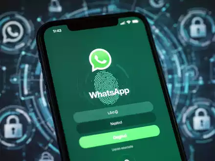 Close-up of a smartphone screen showing WhatsApp login with a fingerprint icon, symbolizing secure, passwordless authentication. - Foto: über boerse-global.de