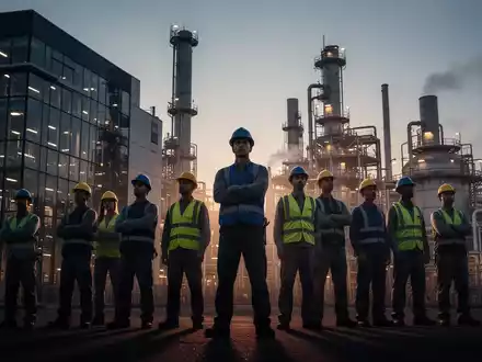 Eine Gruppe von Chemiearbeitern steht vor einer modernen Industrieanlage bei Sonnenuntergang, die entschlossen aussieht. - Foto: über boerse-global.de