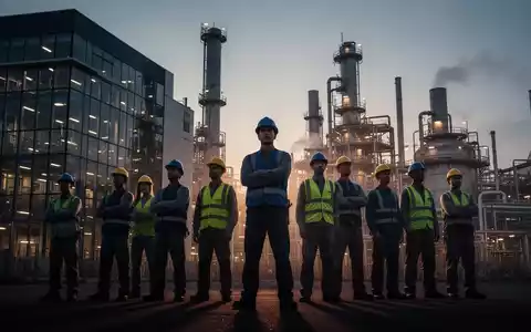 Eine Gruppe von Chemiearbeitern steht vor einer modernen Industrieanlage bei Sonnenuntergang, die entschlossen aussieht. - Foto: über boerse-global.de
