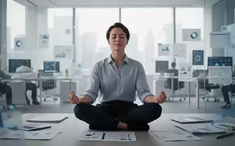 Eine Person meditiert ruhig in einem modernen Büro, umgeben von verschwommenen Elementen, die Stressbewältigung und Fokus symbolisieren. - Foto: über boerse-global.de