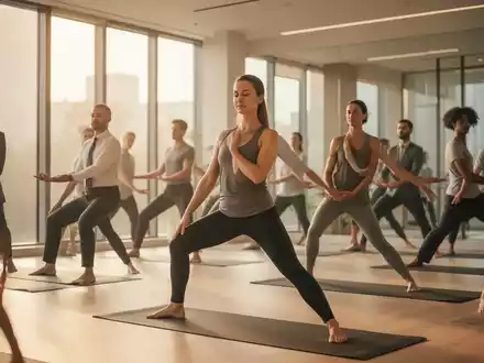 Eine Gruppe von Berufstätigen praktiziert Yoga in einem hellen, modernen Studio, um mentale Gesundheit und Stressbewältigung zu fördern. - Foto: über boerse-global.de