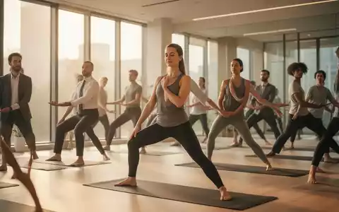 Eine Gruppe von Berufstätigen praktiziert Yoga in einem hellen, modernen Studio, um mentale Gesundheit und Stressbewältigung zu fördern. - Foto: über boerse-global.de