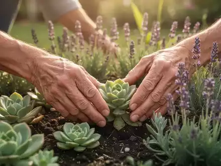 Hände pflegen Pflanzen wie Sukkulenten und Lavendel in einem Garten. Die Szene vermittelt Ruhe und Selbstfürsorge. - Foto: über boerse-global.de