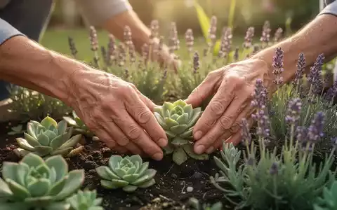 Hände pflegen Pflanzen wie Sukkulenten und Lavendel in einem Garten. Die Szene vermittelt Ruhe und Selbstfürsorge. - Foto: über boerse-global.de