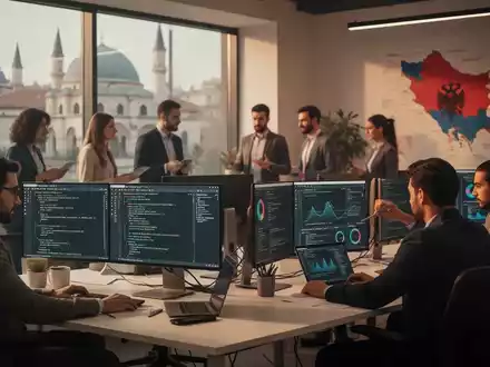 IT professionals working in a modern office, representing global collaboration and digital services expansion into Albania. - Foto: über boerse-global.de