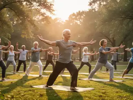 Eine vielfältige Gruppe von Menschen praktiziert Yoga oder Tai Chi in einem ruhigen Park bei Sonnenaufgang, umgeben von Bäumen. - Foto: über boerse-global.de